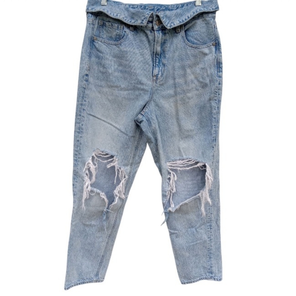American Eagle Fold Over Waist Mom Jean Distressed Light Blue Size 10